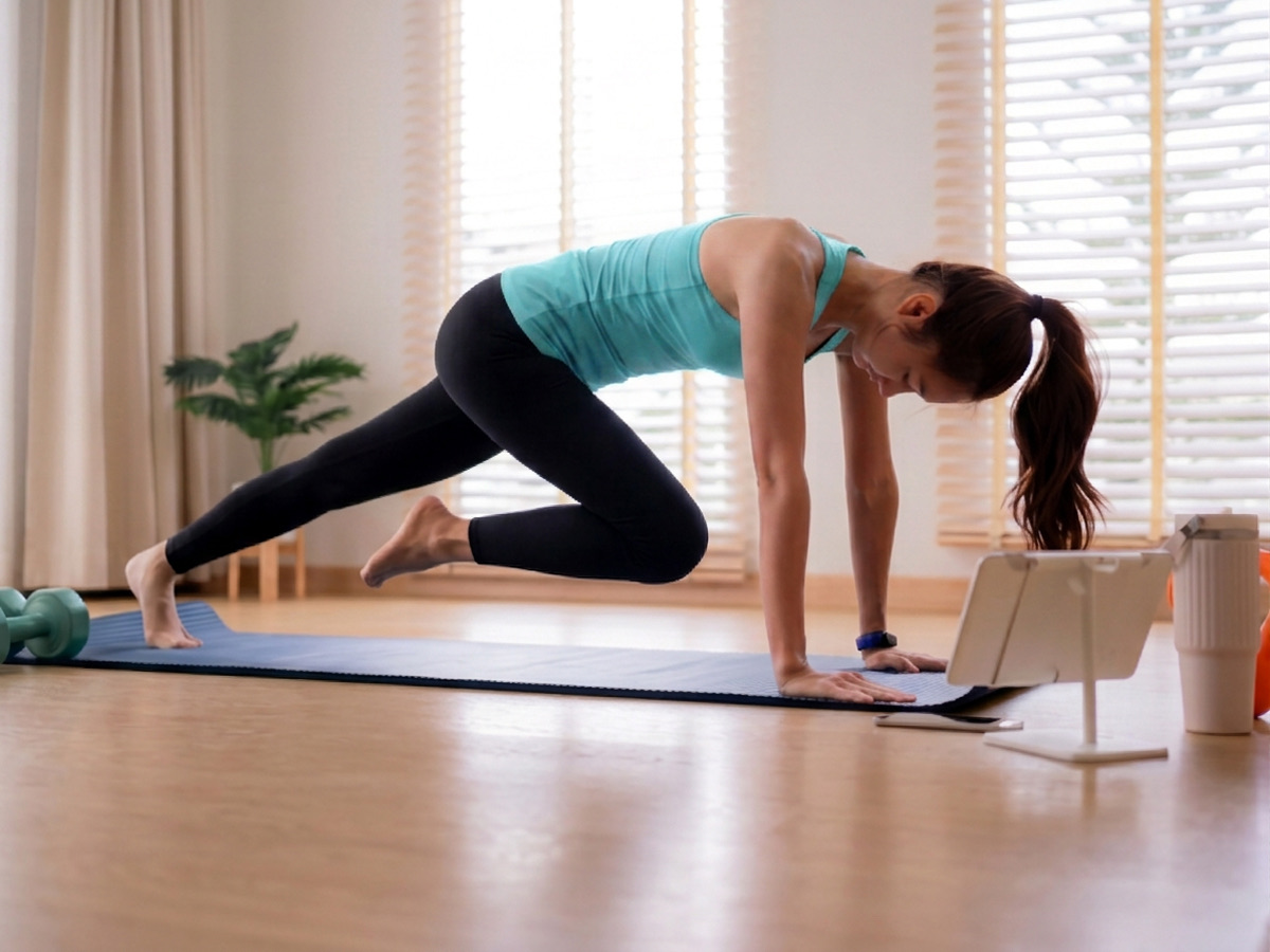 Someone doing a bodyweight workout at home, following along on a tablet