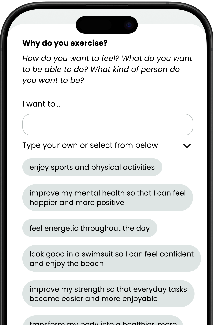 Screenshot of motivational reasons for exercising