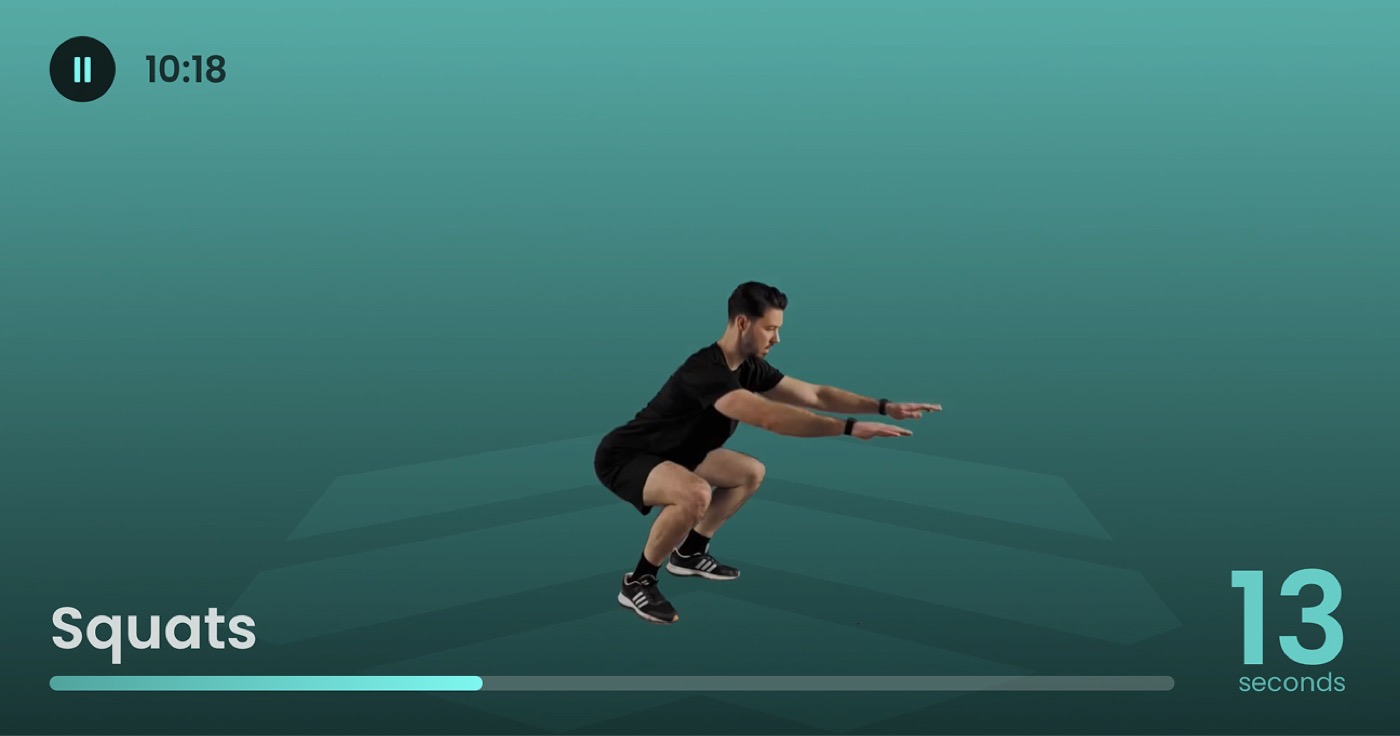 A workout running in the Today app: a follow-along squat video with the exercise name and a countdown.